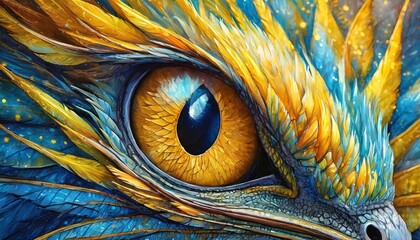 closeup painting of a dragons eye with electric blue and yellow feathers resembling eyelashes, showcasing intricate detail like a terrestrial birds iris