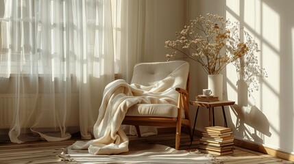 Cozy home interior with chair, blanket, wooden table, books, and plant bathed in natural light. Created with Generative AI.