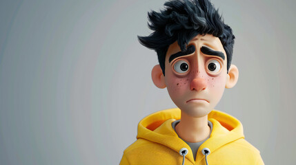 Melancholic Male Cartoon Character: A Young, Stressed and Sad Figure Expressing Human Emotions in a...
