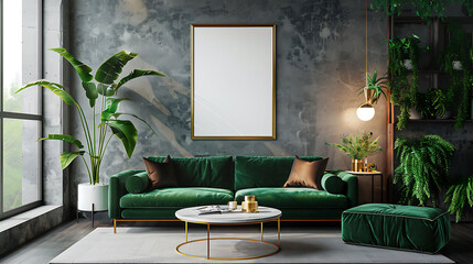 Luxury living room in house with modern interior design, green velvet sofa, coffee table, pouf, gold decoration, plant, lamp, carpet, mock up poster frame and elegant accessories, Template, 