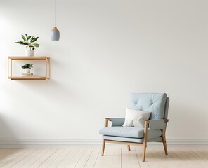Scandinavian style interior with white wall mock up and pastel blue armchair