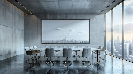 Luxury meeting room with panoramic city view and blank gray wall, Presentation and corporate concept, 3D Rendering