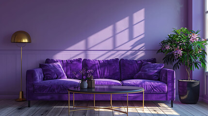 Luxury modern interior of living room ,Ultraviolet home decor concept ,purple sofa and black table with gold lamp on light purple wall and woodfloor ,3d render