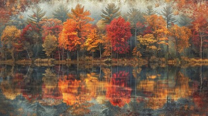 Autumnal forest reflecting in a tranquil lake with fiery foliage colors. Created with Generative AI.