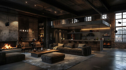 luxury studio apartment with a free layout in a loft style in dark colors, Stylish modern kitchen...