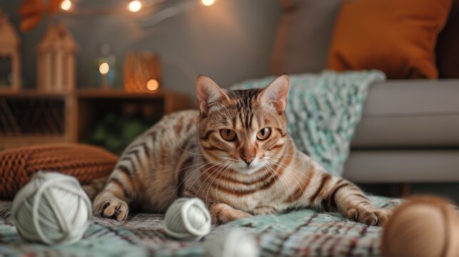 A serene tabby cat lounges among yarn balls on a cozy blanket with warm ambient lighting. Created with Generative AI.
