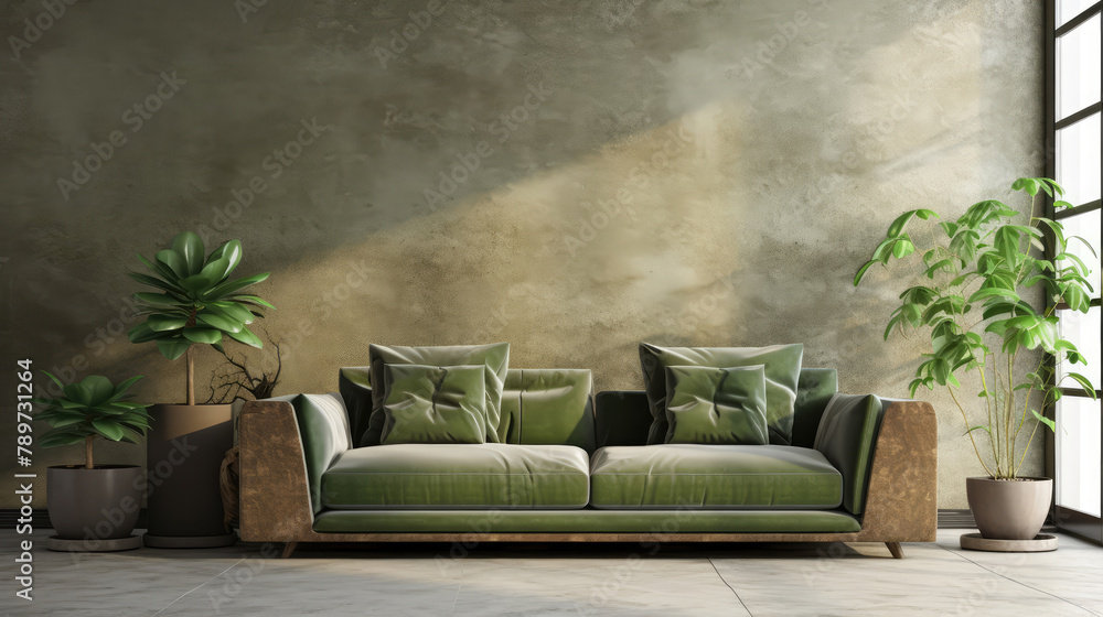 Wall mural sofa in room with grunge stucco wall and much grernery. biophilic interior design of modern living r - Wall murals