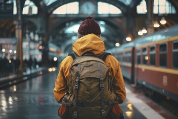 solo young male traveler with backpack waiting for train at railway station wanderlust concept - obrazy, fototapety, plakaty