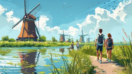 Illustration of people traveling and having fun in Windmills in Kinderdijk Dutch, Generative AI