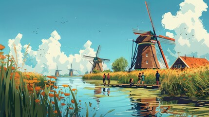 Illustration of people traveling and having fun in Windmills in Kinderdijk Dutch, Generative AI