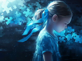 Une petite fille habillée en bleu avec un ruban bleu, puzzle bleu à l'arrière, représentation de l'autisme chez l'enfant, un trouble du neurodéveloppement qui entraîne un handicap