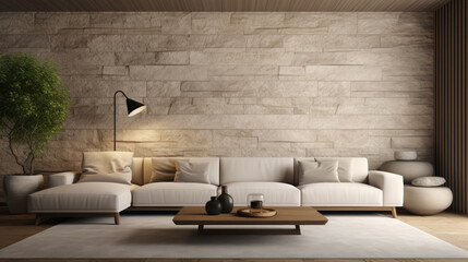 Stone textured paneling wall in room with beige sofa. Interior design of modern minimalist living room. Generative AI