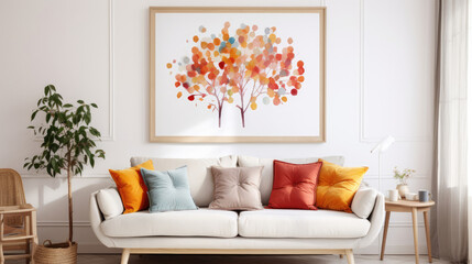 Cozy sofa with colorful cushions near white wall with art poster. Interior design of scandinavian living room. Generative AI
