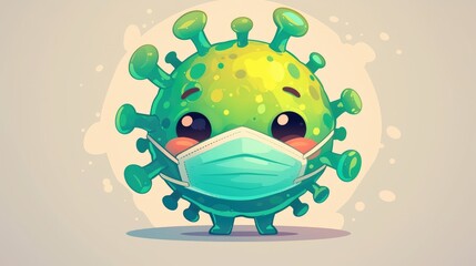Fototapeta premium A cartoon 4K virus emoji wearing a mask is set against a gray background