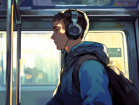 Un adolescent gar&ccedil;on habill&eacute; en bleu avec un gros casque antibruit sur les oreilles dans le bus, vie quotidienne d'un ado autiste qui vit avec un handicap, l'autisme