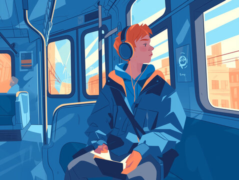 Un adolescent gar&ccedil;on habill&eacute; en bleu avec un gros casque antibruit sur les oreilles dans le bus ou m&eacute;tro, vie quotidienne d'un ado autiste qui vit avec un handicap, l'autisme