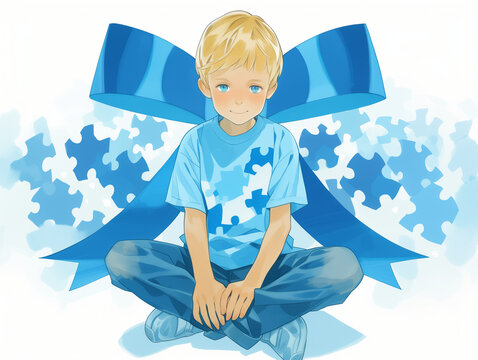 Un petit gar&ccedil;on habill&eacute; en bleu avec un ruban bleu, puzzle bleu &agrave; l'arri&egrave;re, repr&eacute;sentation de l'autisme chez l'enfant, un trouble du neurod&eacute;veloppement qui entra&icirc;ne un handicap