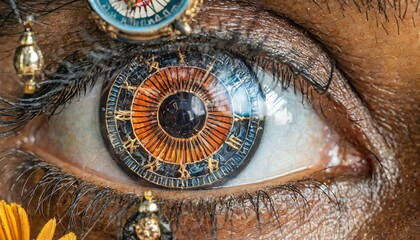 close up of a person s eye with a clock in it . High quality