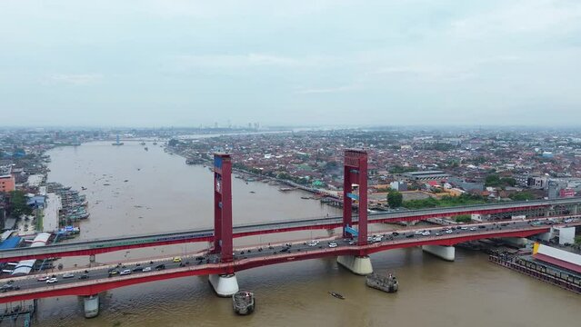 Aerial video of Ampara Bridge in Palembang, Indonesia
