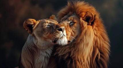 Lion and lioness in mood for love close up. Lion couple face to face