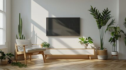 Mockup a TV wall mounted with armchair in living room with a white wall3d rendering