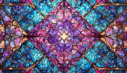 intricate pattern of tints and shades in magenta and electric blue creates a symmetrical masterpiece on a square stained glass window, showcasing the creativity of visual arts