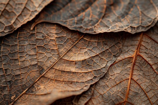Close up of Fiber structure of dry leaves texture background. Cell patterns of Skeletons leaves, foliage branches, Leaf veins abstract of Autumn background - generative ai