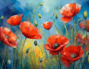 painting featuring vibrant red poppy flowers set against a striking blue background, capturing the essence of a meadow in bloom under soft impressionist light