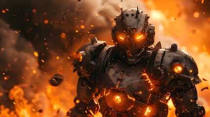 Fiery Robotic Overlord in Digital Inferno. Concept Apocalyptic Future, Artificial Intelligence, Robot Domination, Digital Inferno - obrazy, fototapety, plakaty