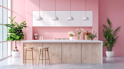 Mockup interior kitchen in pastel colors, 3D render, 3d illustration