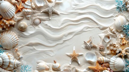 Creative layout made of starfishes, corals and seashells on white background, copy space