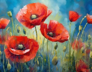 Obraz premium painting featuring vibrant red poppy flowers set against a striking blue background, capturing the essence of a meadow in bloom under soft impressionist light