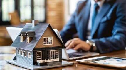 Real estate agent showcasing properties to clients over a laptop