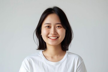 studio portrait of cheerful asian woman in white tshirt smiling against plain background minimalist illustration