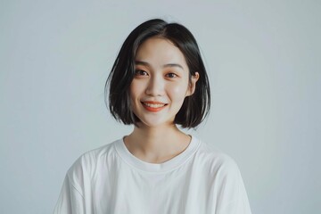 studio portrait of cheerful asian woman in white tshirt smiling against plain background minimalist illustration