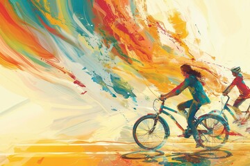 two young people riding bicycles,  modern abstract graphic art, warm colors