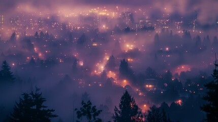 A scene straight out of a fairytale with the ling lights of a distant city obscured by the enchanting haze of a night mist. . - obrazy, fototapety, plakaty