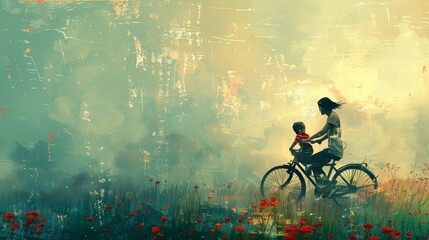 Mother and child riding bicycle, textured graphic art, happy family leisure activity