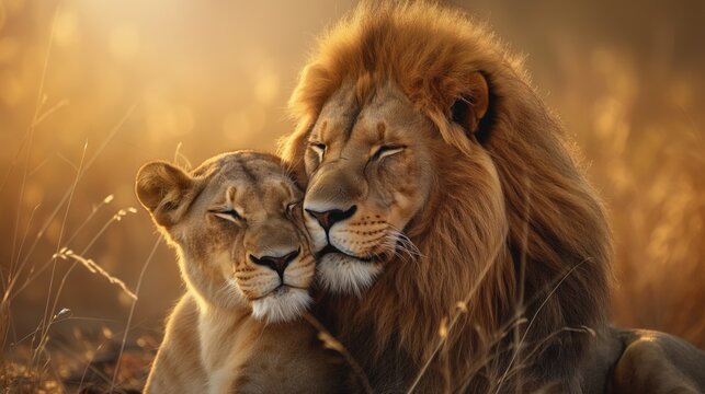 Lion and lioness in mood for love close up. Lion couple face to face