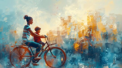 Happy mother with child on bicycle, enjoying activity and communication - obrazy, fototapety, plakaty