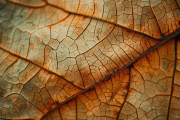 Close up of Fiber structure of dry leaves texture background. Cell patterns of Skeletons leaves, foliage branches, Leaf veins abstract of Autumn background - generative ai