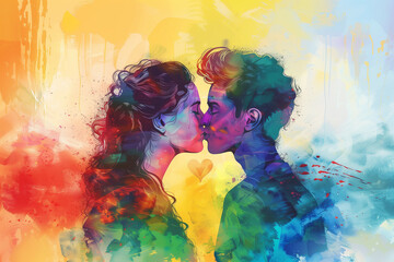 Bisexual couple giving each other a kiss on an artistic rainbow colored background, capturing the essence of pride, gay, and lgbt community