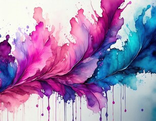 row of colorful ink splashes in petal pink, violet, magenta, and electric blue on a white...