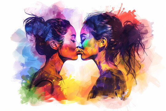 Lesbian couple giving each other a kiss on an artistic rainbow colored background, symbolizing love and solidarity within the lgbt community