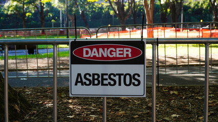 asbestos sign.Asbestos in Sydney park nsw Australia. asbestos danger. closed park.