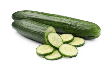 Whole and cut long cucumbers isolated on white