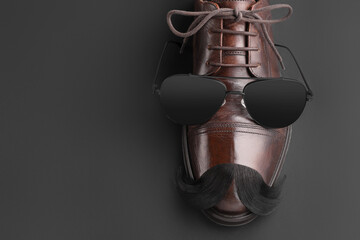 Artificial moustache, shoe and sunglasses on black background, top view. Space for text