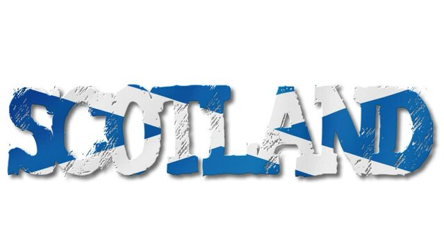 Scotland Text with Scottish Flag Waving Inside. Seamless Loop Animation on Transparent Background.