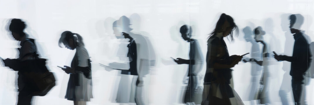 a long exposure photograph of multiple people looking at their smartphones, motion blur