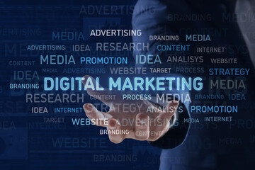 Digital marketing. Businessman showing virtual word cloud on blue background, closeup